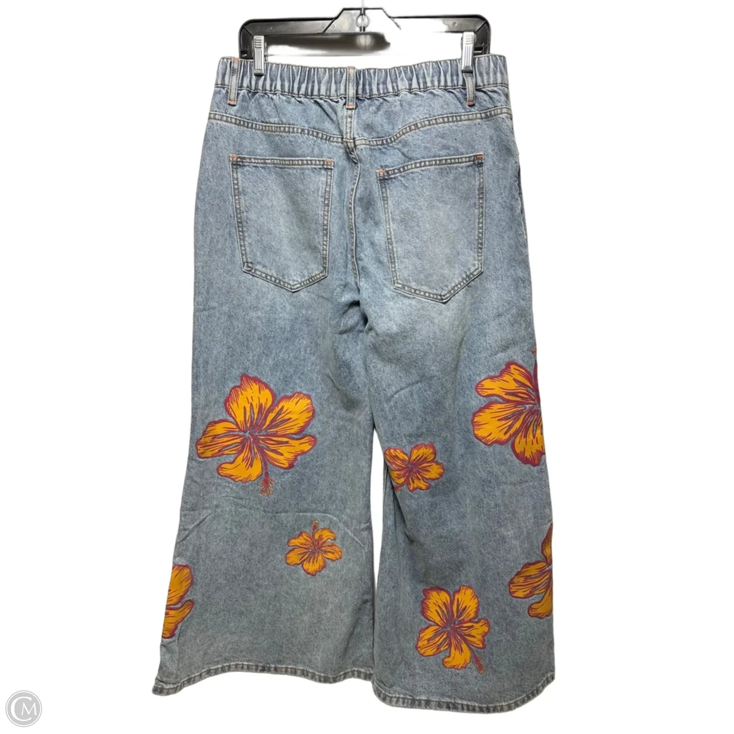 Hibiscus Print High Waist Wide Leg Denim Jeans By OH Jeans In Floral Print, Size: XL