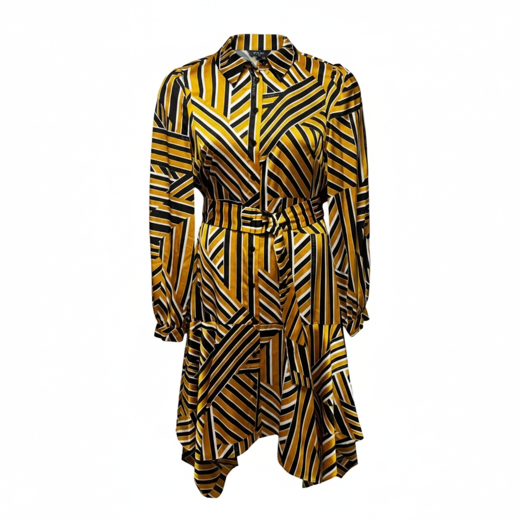 Belted Handkerchief Hem Satin Shirt Dress Designer By Karl Lagerfeld In Striped Pattern, Size: 8