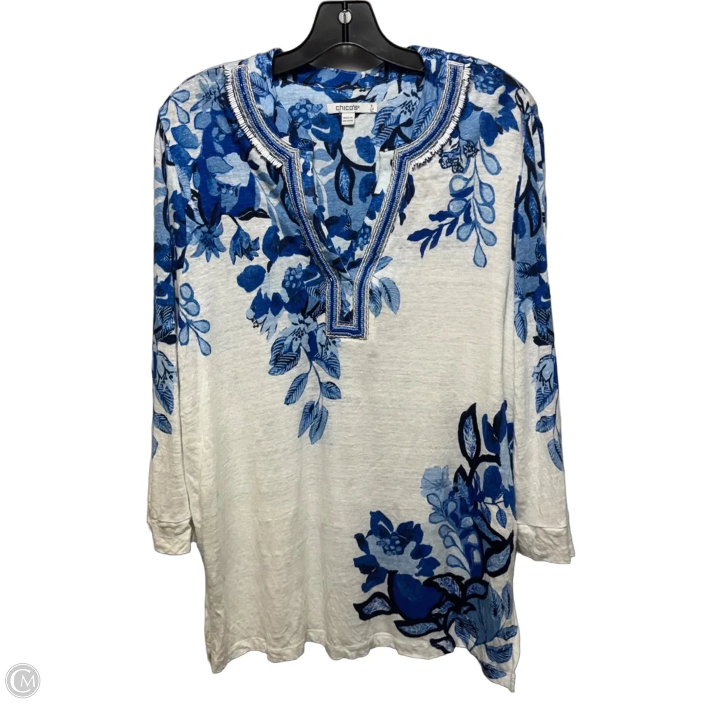 Beaded Collar Linen Top Long Sleeve By Chicos In Blue & White, Size: Xl