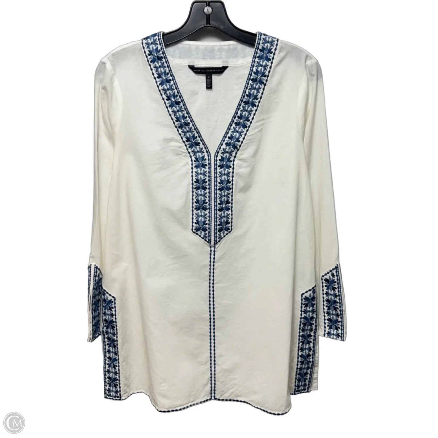 Embroidered Tunic Long Sleeve By White House Black Market In Blue & White, Size: 4