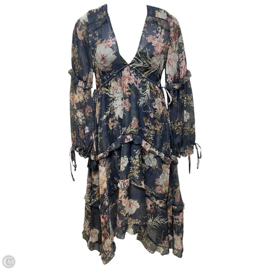Ruched Tiered Midi Dress By Asos Design In Navy Floral Print With Lace Trim, Size: 8