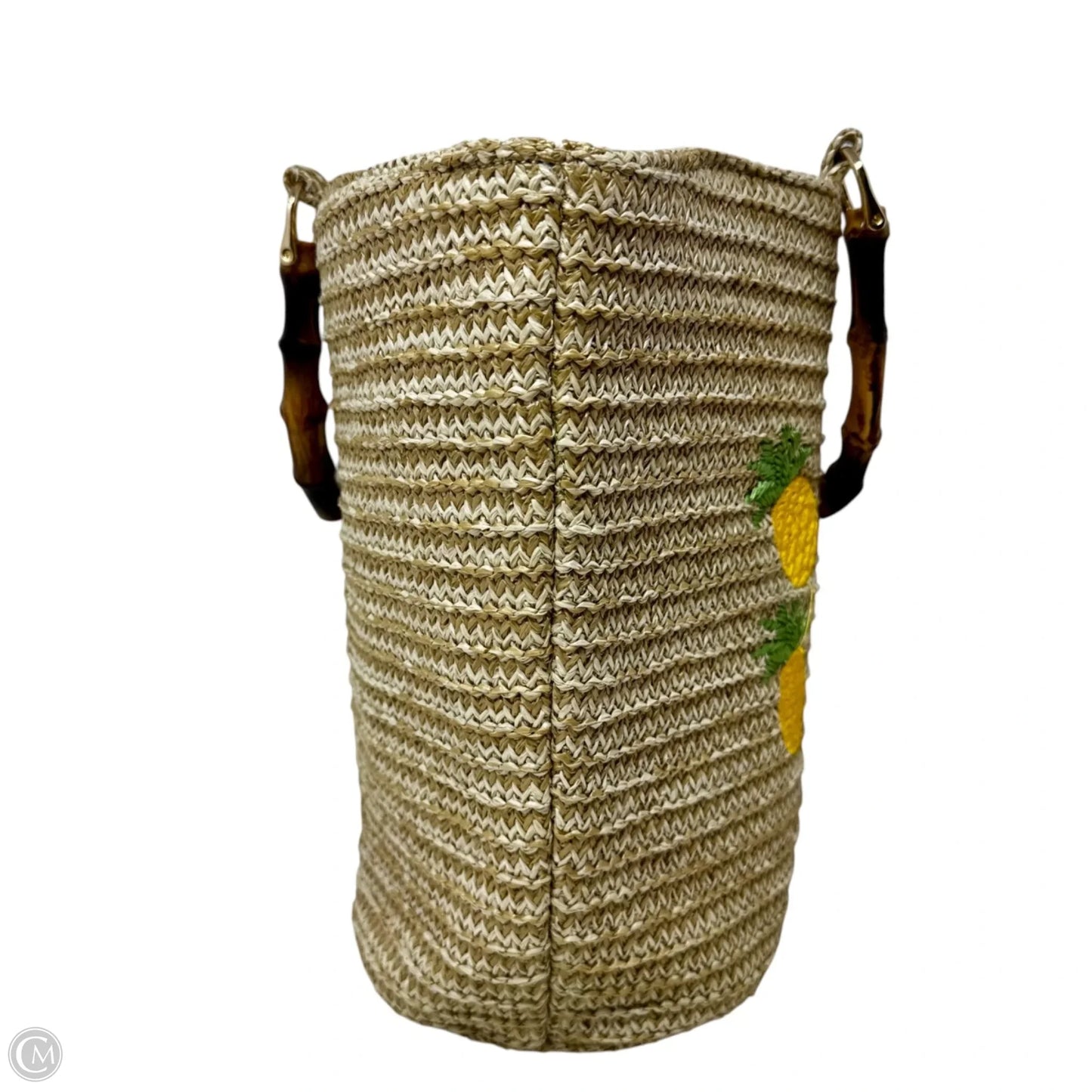 Bamboo Top Handle Pineapple Embroidered Woven Tote, Size: Medium