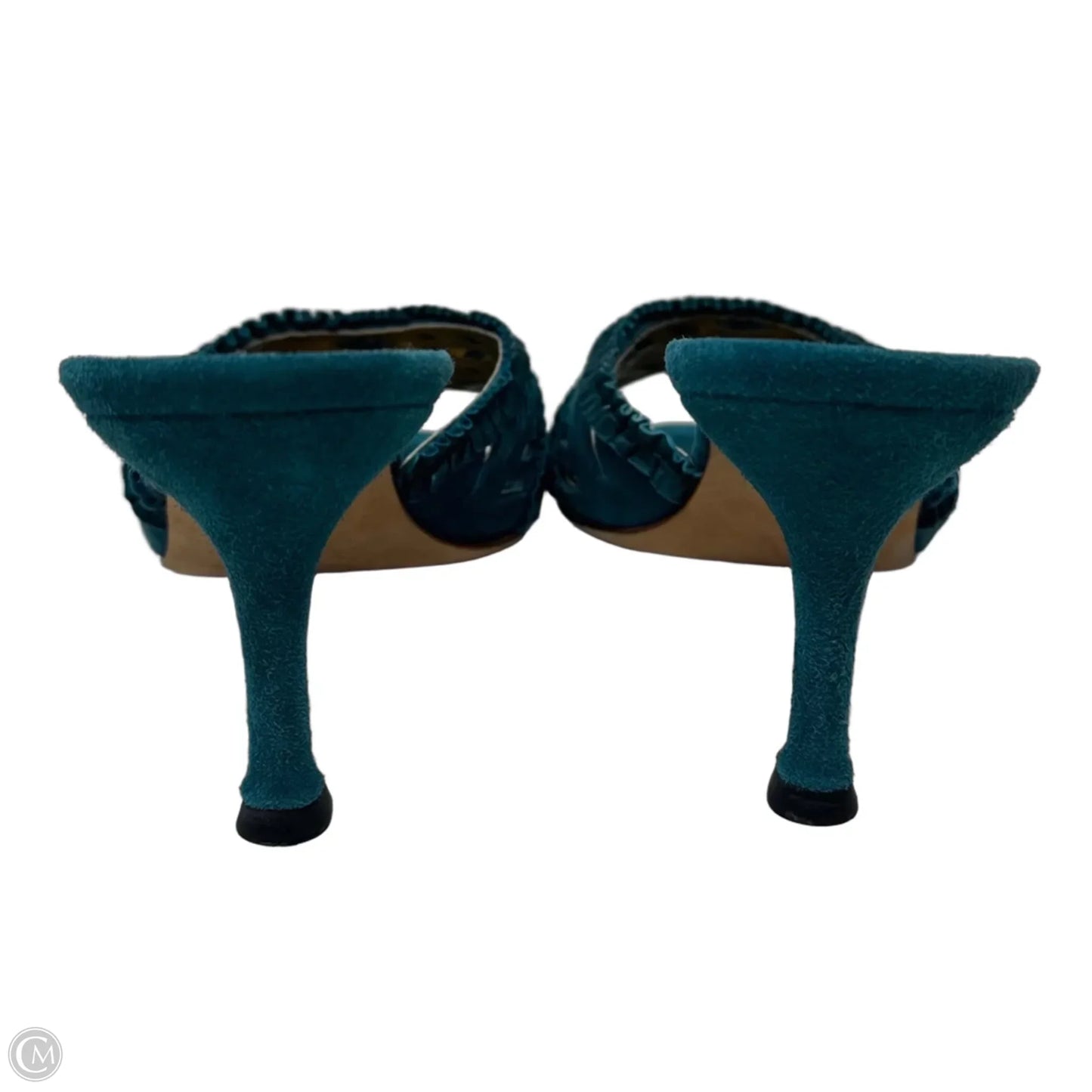 Lasercut Suede Kitten Heel Mules Luxury Designer By Manolo Blahnik In Teal, Size: 37