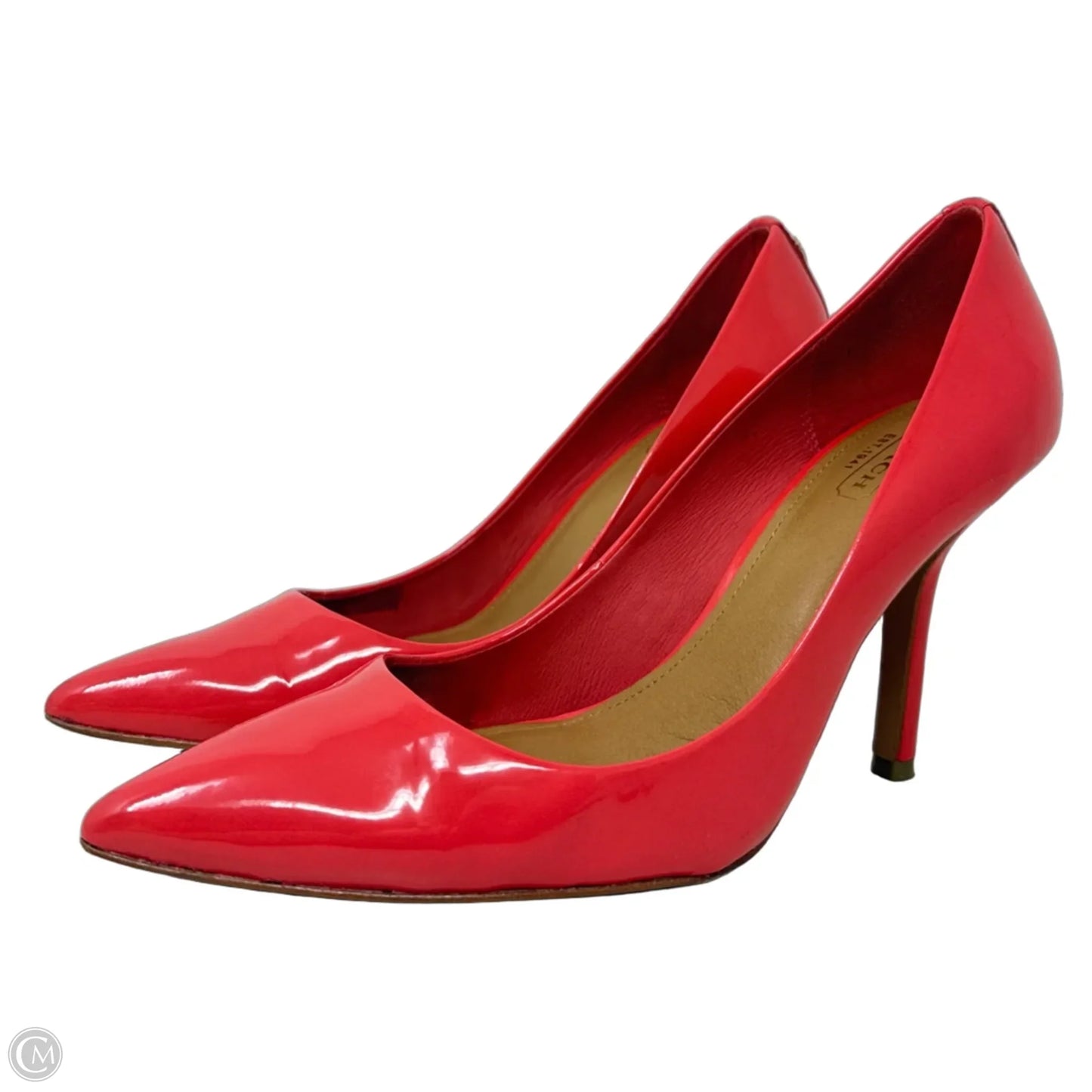 Lizzie Patent Leather Stiletto Pumps Designer By Coach In Coral, Size: 7.5