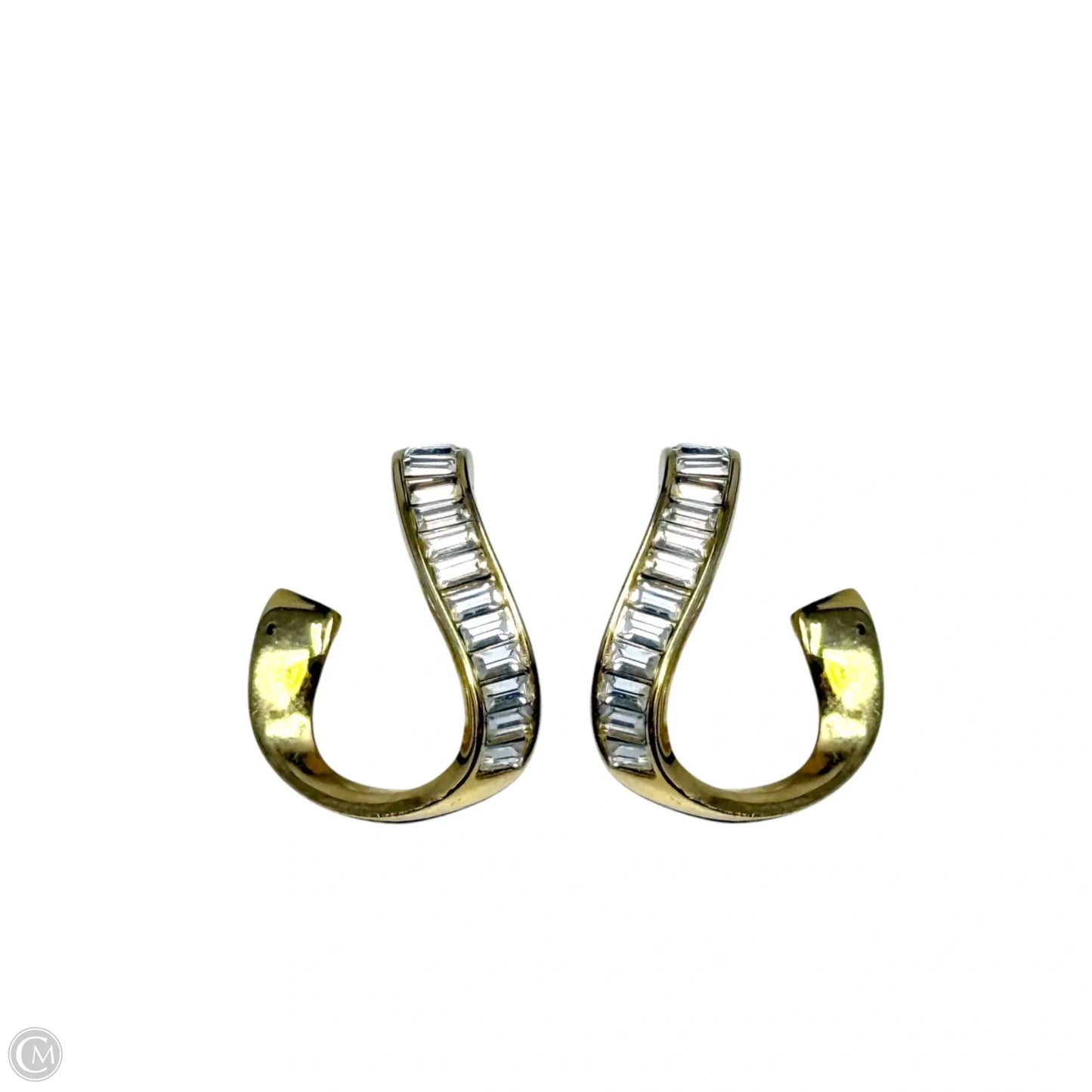 Vintage Crystal Baguette Ribbon Swirl Gold Tone Post Earrings Designer By Swarovski