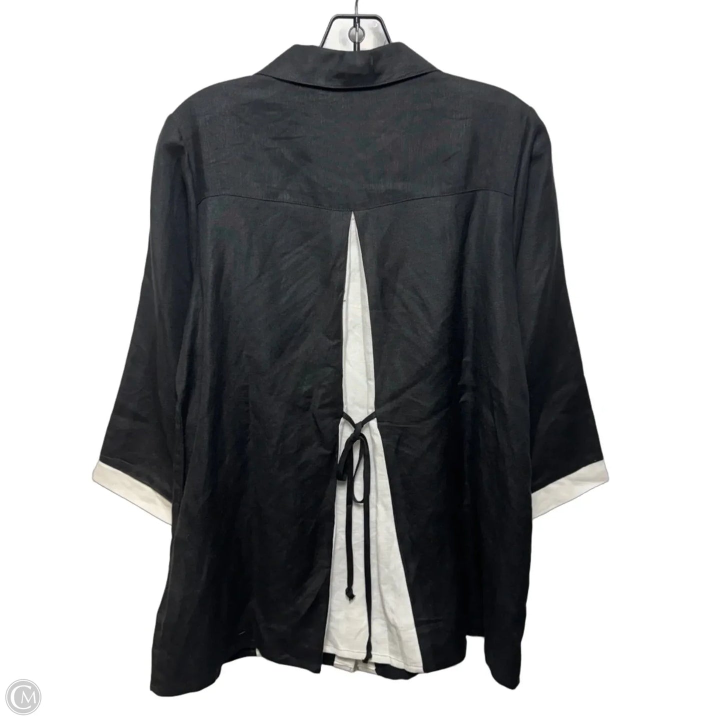 Linen Two Tone Tie Back Top 3/4 Sleeve By Toofan In Black & White, Size: S