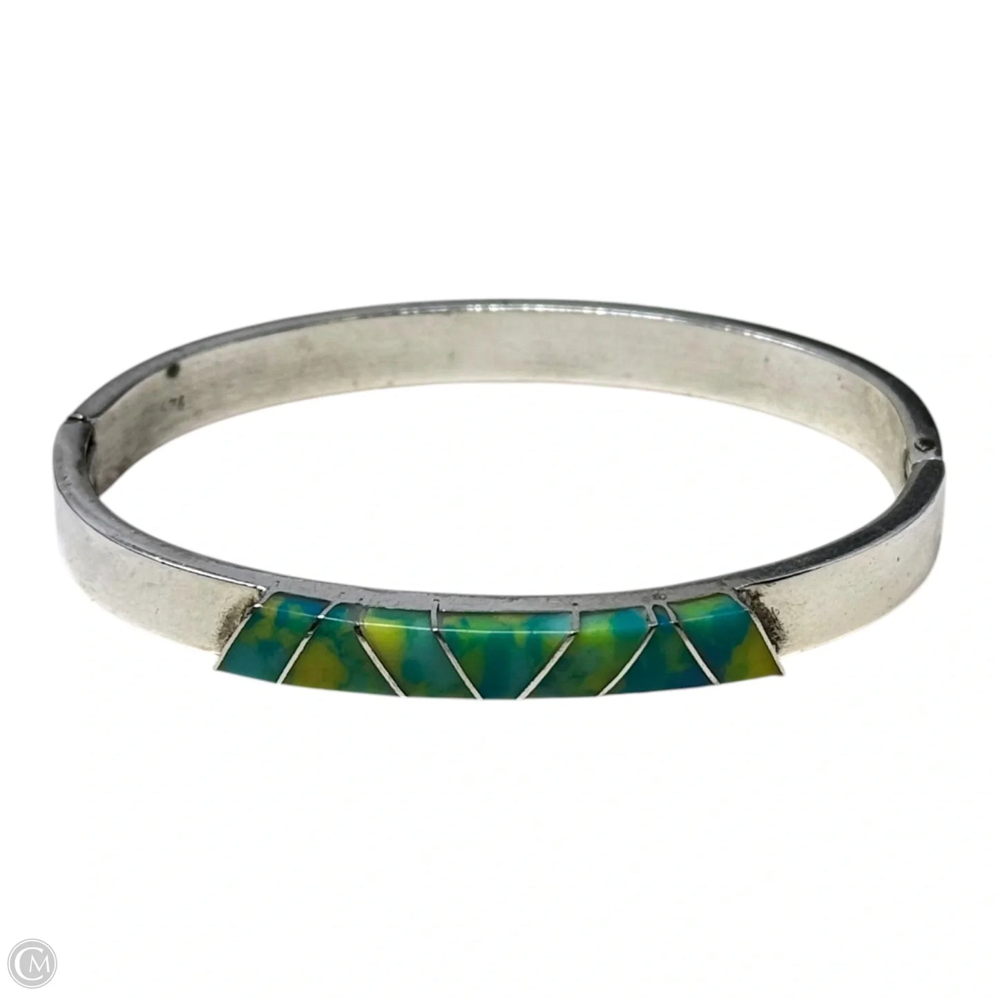 Mexican Inlay Hinged Cuff Bracelet Sterling Silver