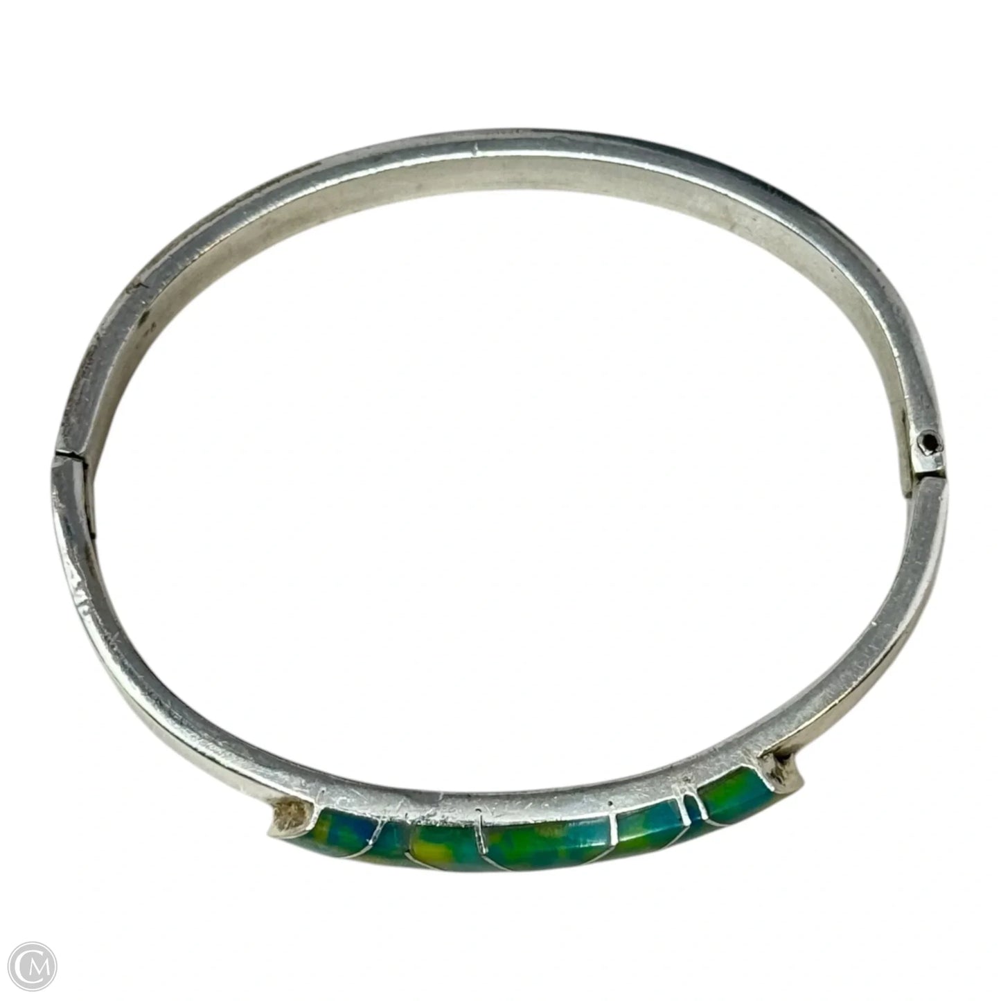 Mexican Inlay Hinged Cuff Bracelet Sterling Silver