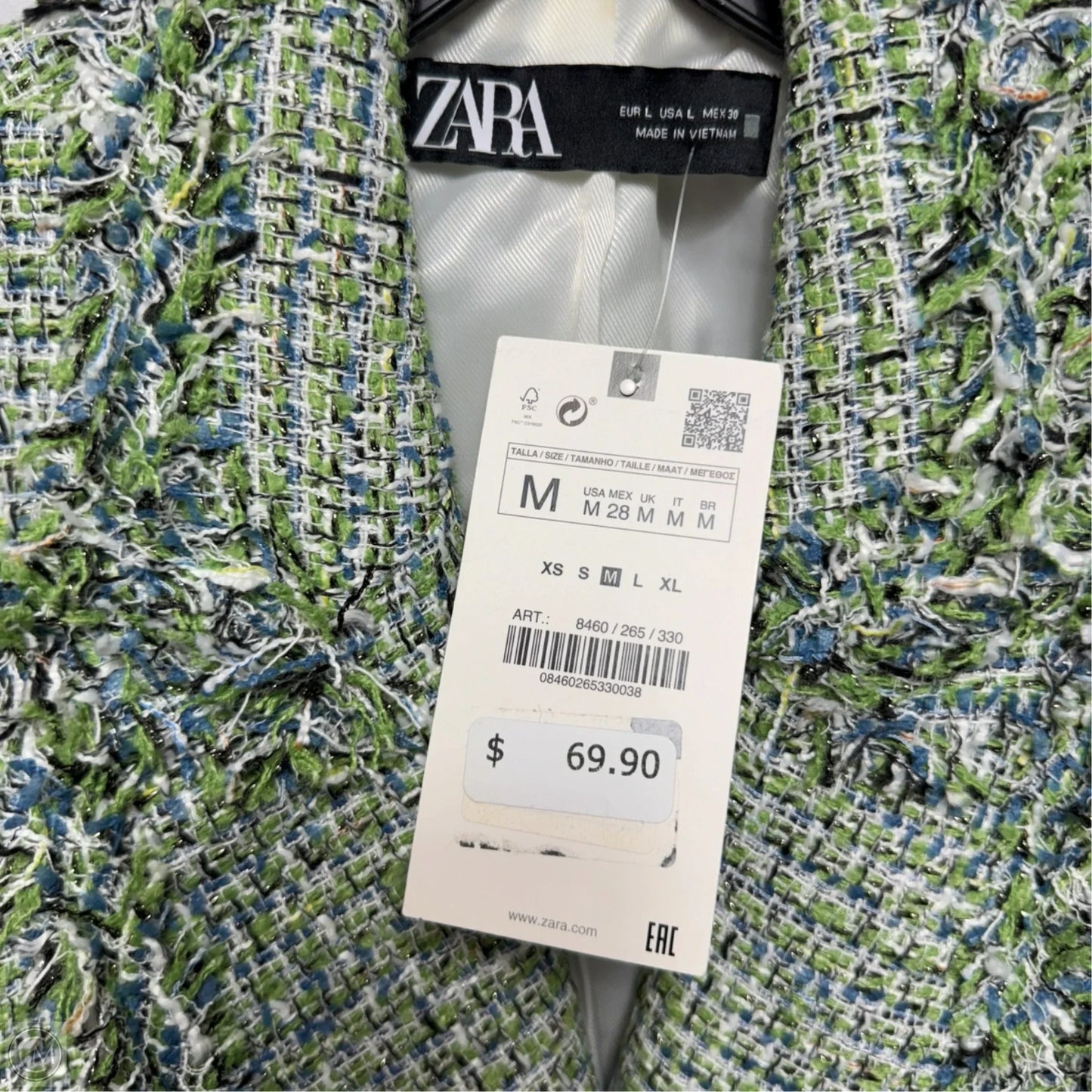 Tweed Cropped Blazer By Zara In Blue & Green, Size: M