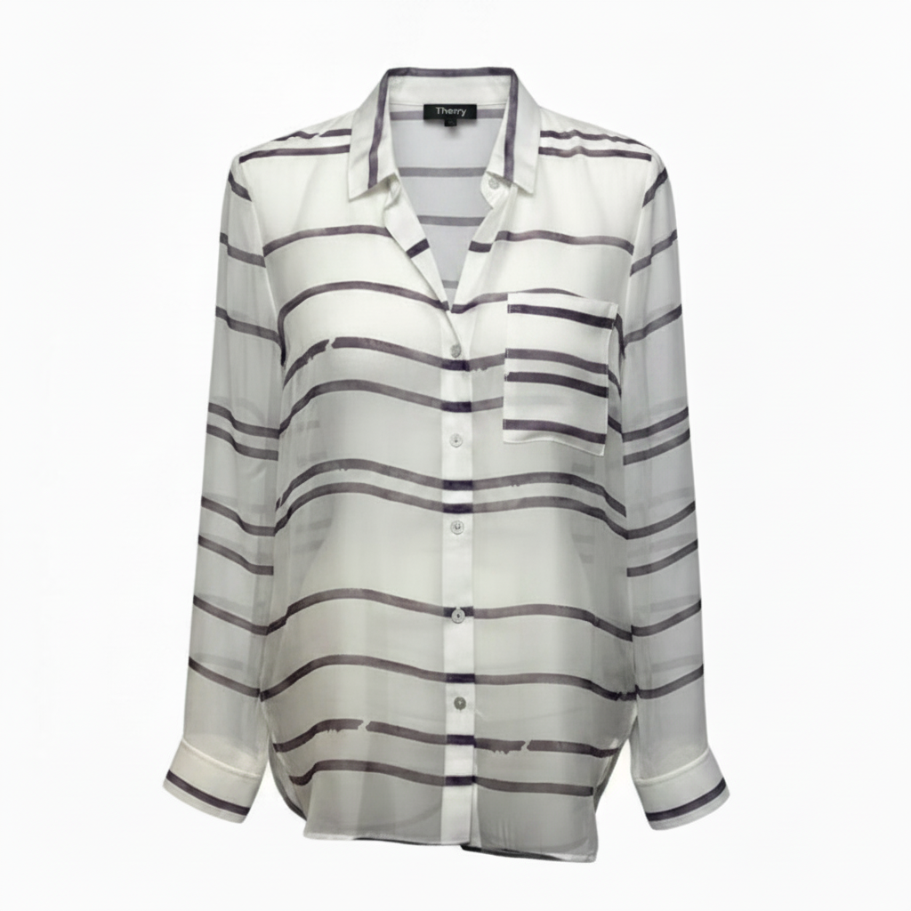Lerea Silk Top Long Sleeve By Theory In Grape Random Ripped Stripes Pattern, Size: M