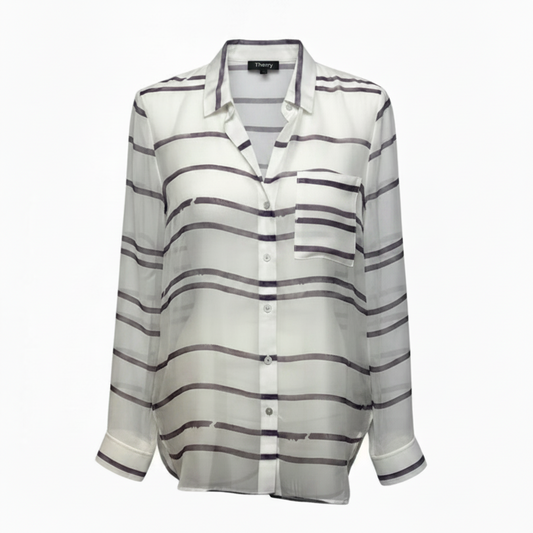 Lerea Silk Top Long Sleeve By Theory In Grape Random Ripped Stripes Pattern, Size: M