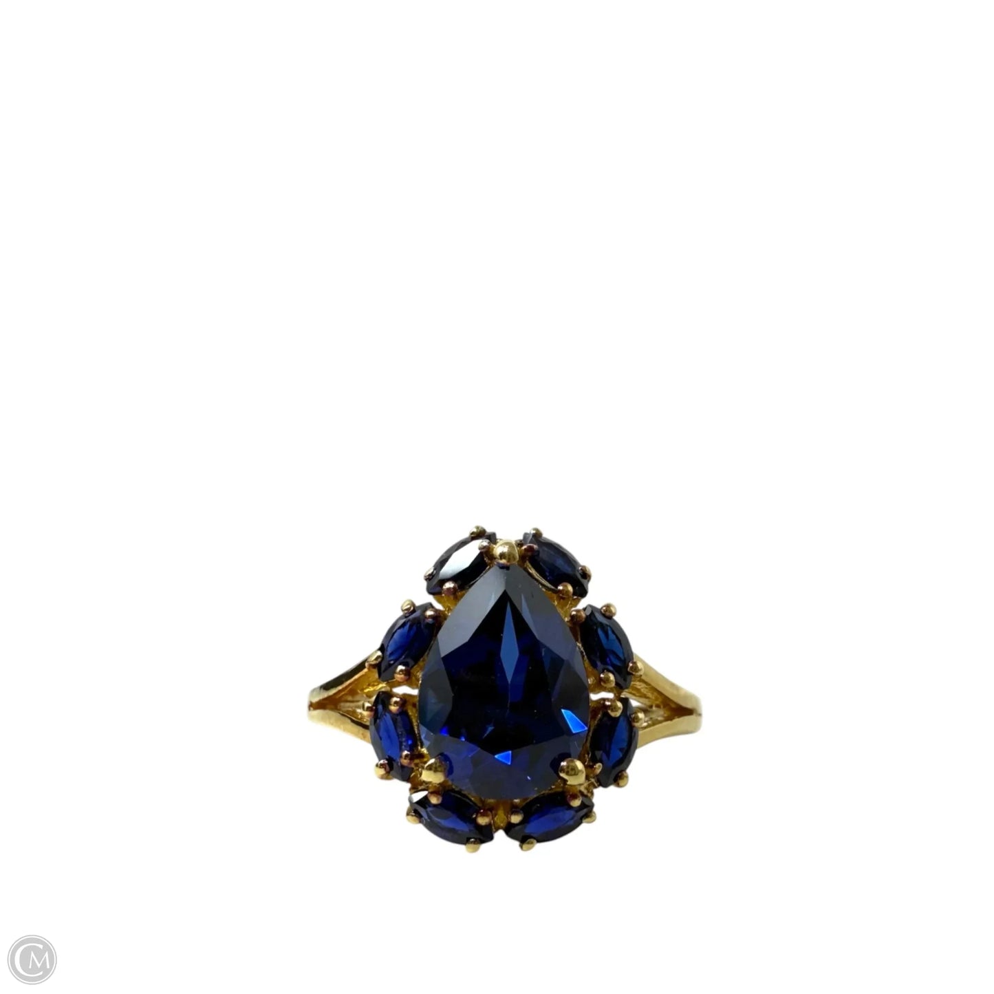 Gold Over Sterling Silver & Pear Cut Halo Sapphire Cocktail Ring, Size: 8