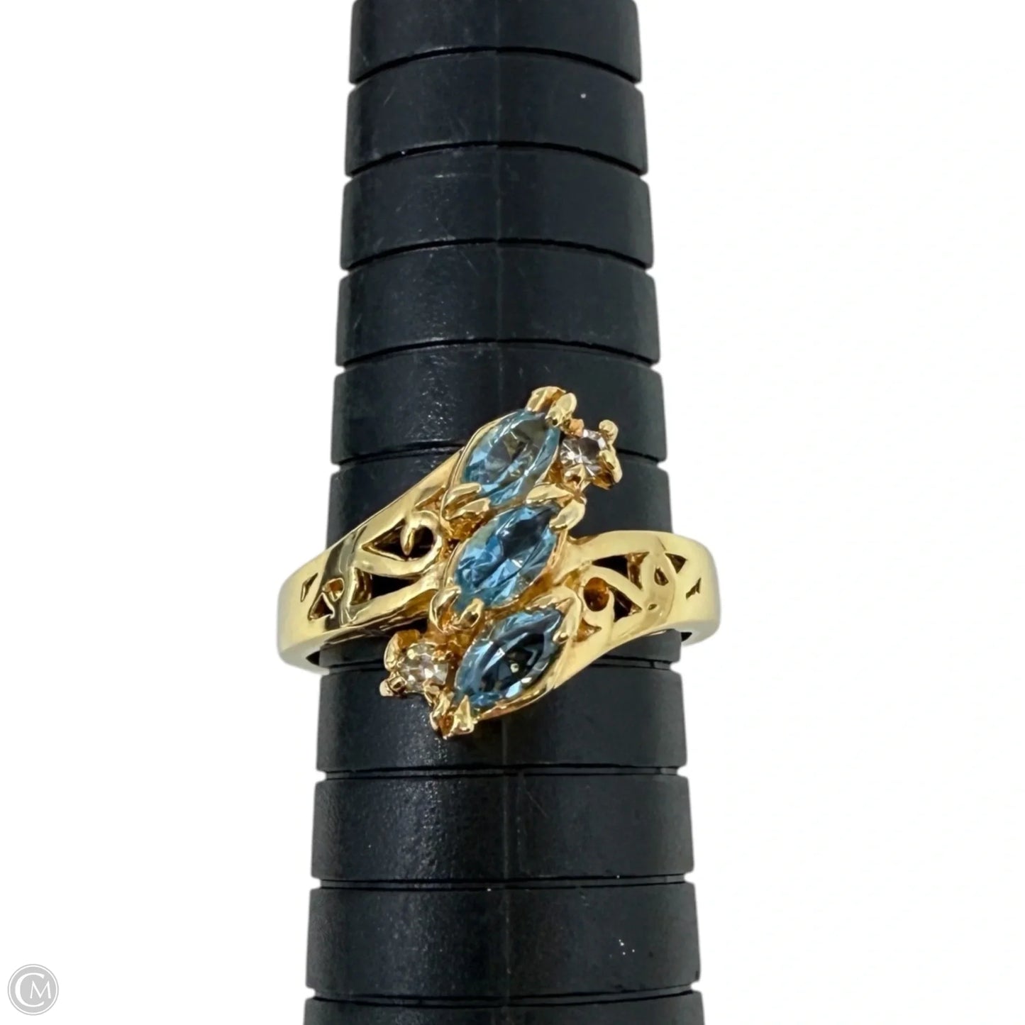 Gold Tone Marquise Cut Blue & Clear Gems Bypass Ring, Size: 8