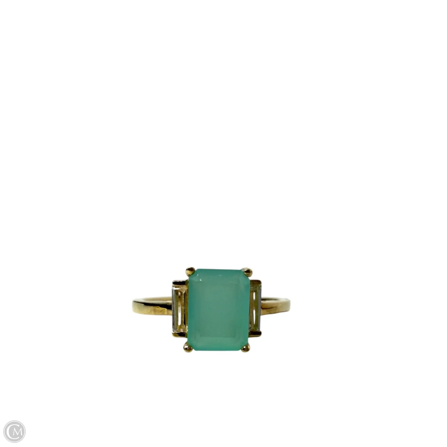Emerald Cut Chalcedony & Clear Baguette Accents Brass Cocktail Ring By YS Gems, Size: 7