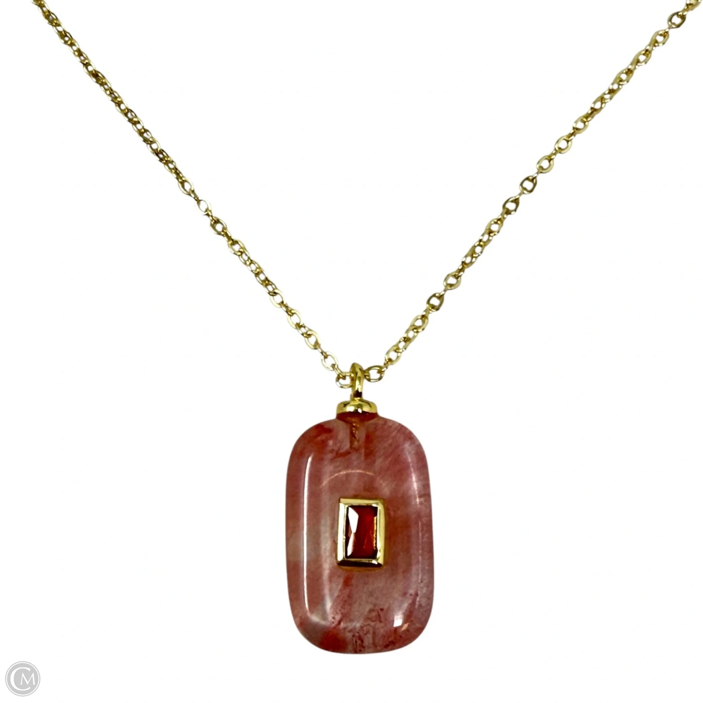 18K Gold Plated Geometric Cherry Quartz & Cubic Zirconia Pendant Necklace