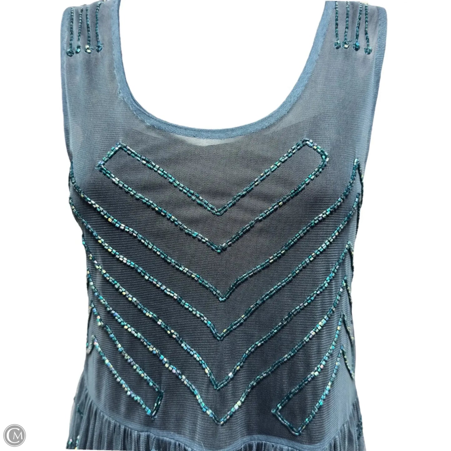 Embellised Sleeveless Sheer Tunic Mini Dress By Free People In Teal, Size: M
