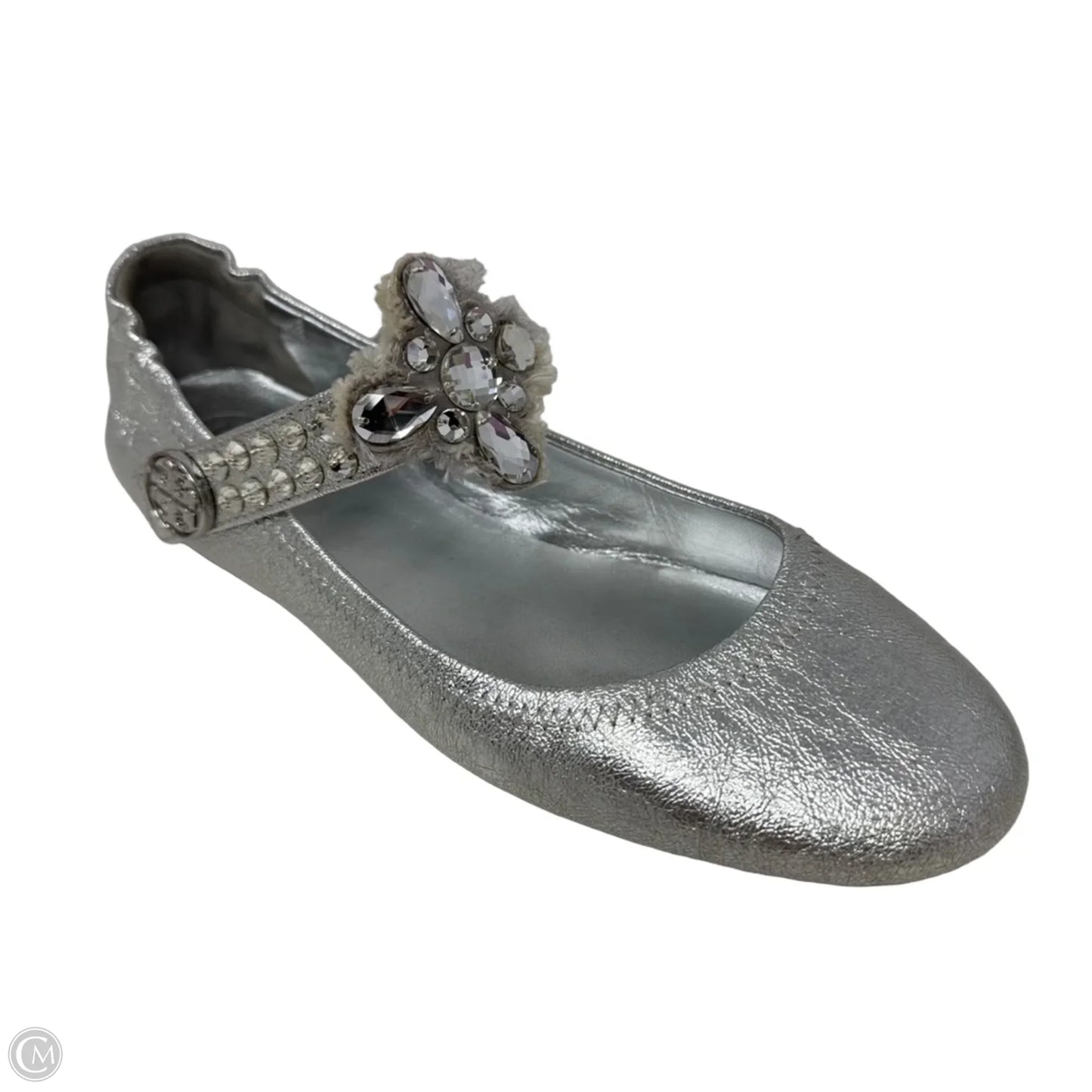 Embellished Strap Ballerina Flats Shoes Designer By Tory Burch In Silver, Size: 8