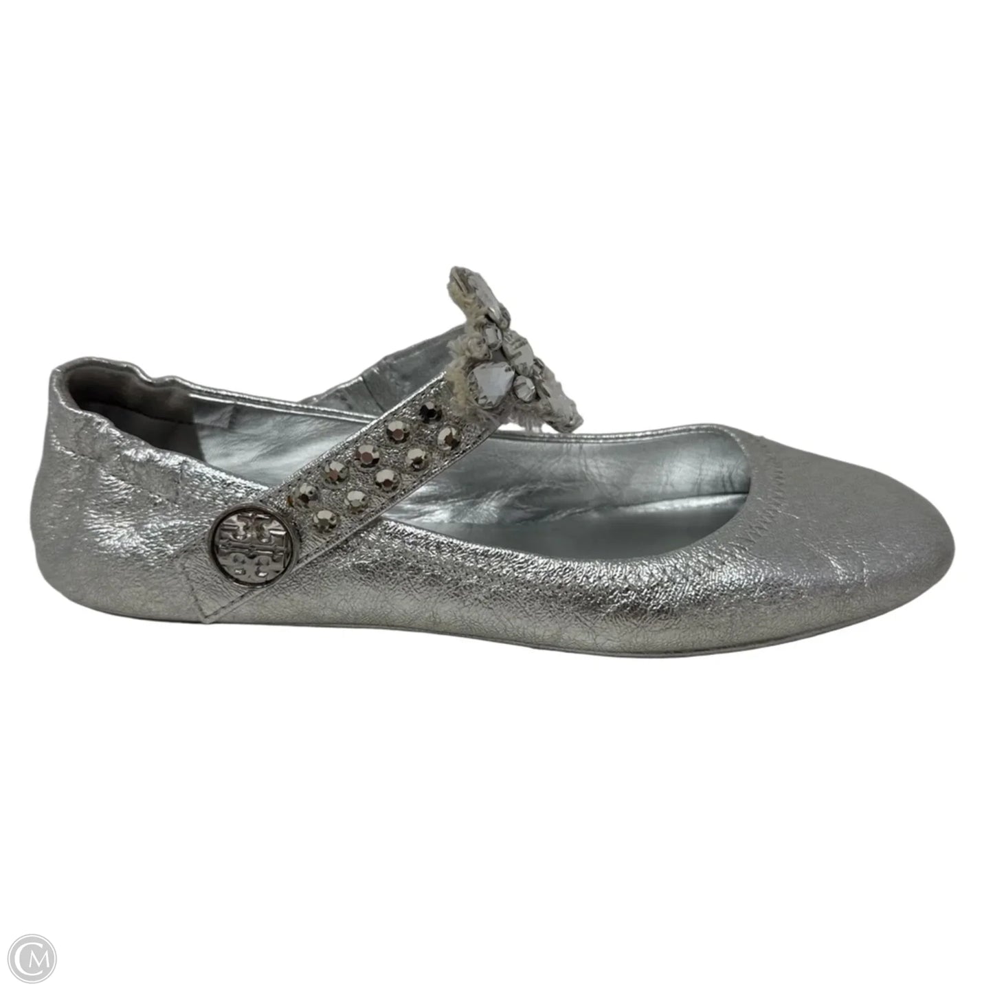 Embellished Strap Ballerina Flats Shoes Designer By Tory Burch In Silver, Size: 8