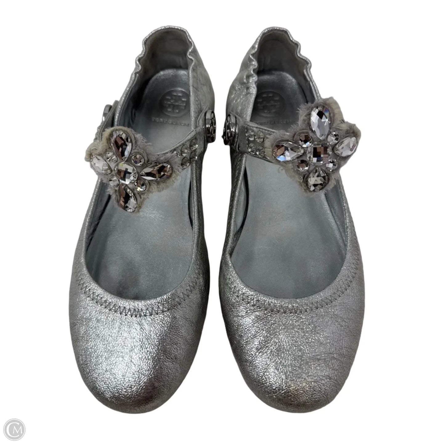 Embellished Strap Ballerina Flats Shoes Designer By Tory Burch In Silver, Size: 8