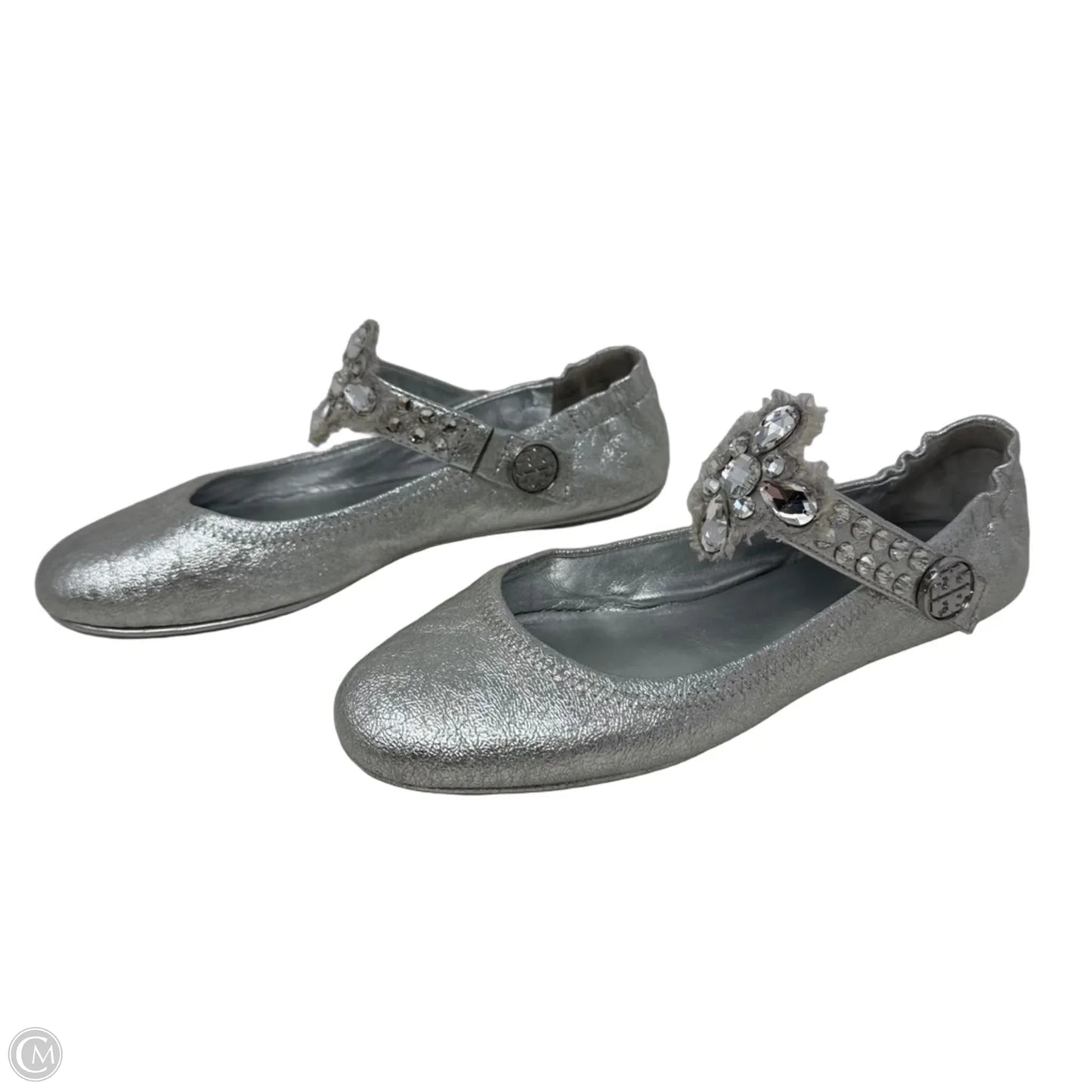 Embellished Strap Ballerina Flats Shoes Designer By Tory Burch In Silver, Size: 8