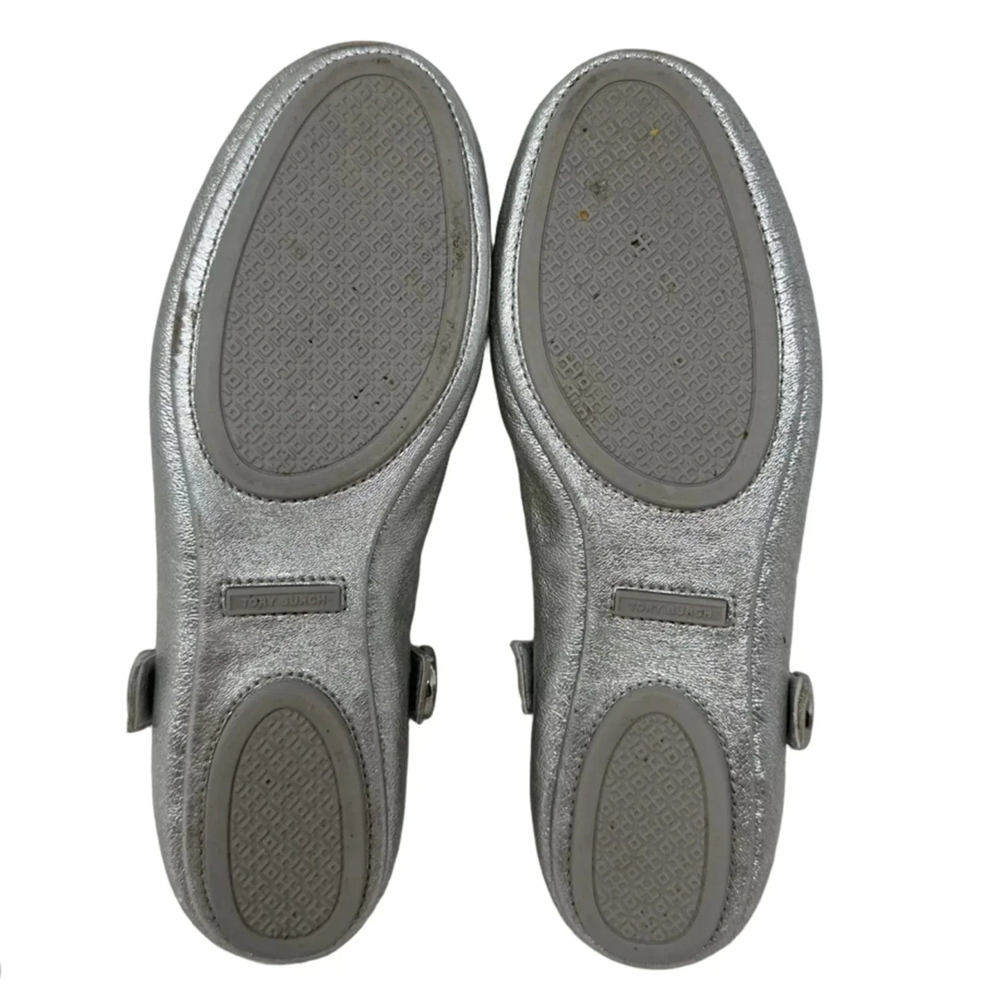 Embellished Strap Ballerina Flats Shoes Designer By Tory Burch In Silver, Size: 8