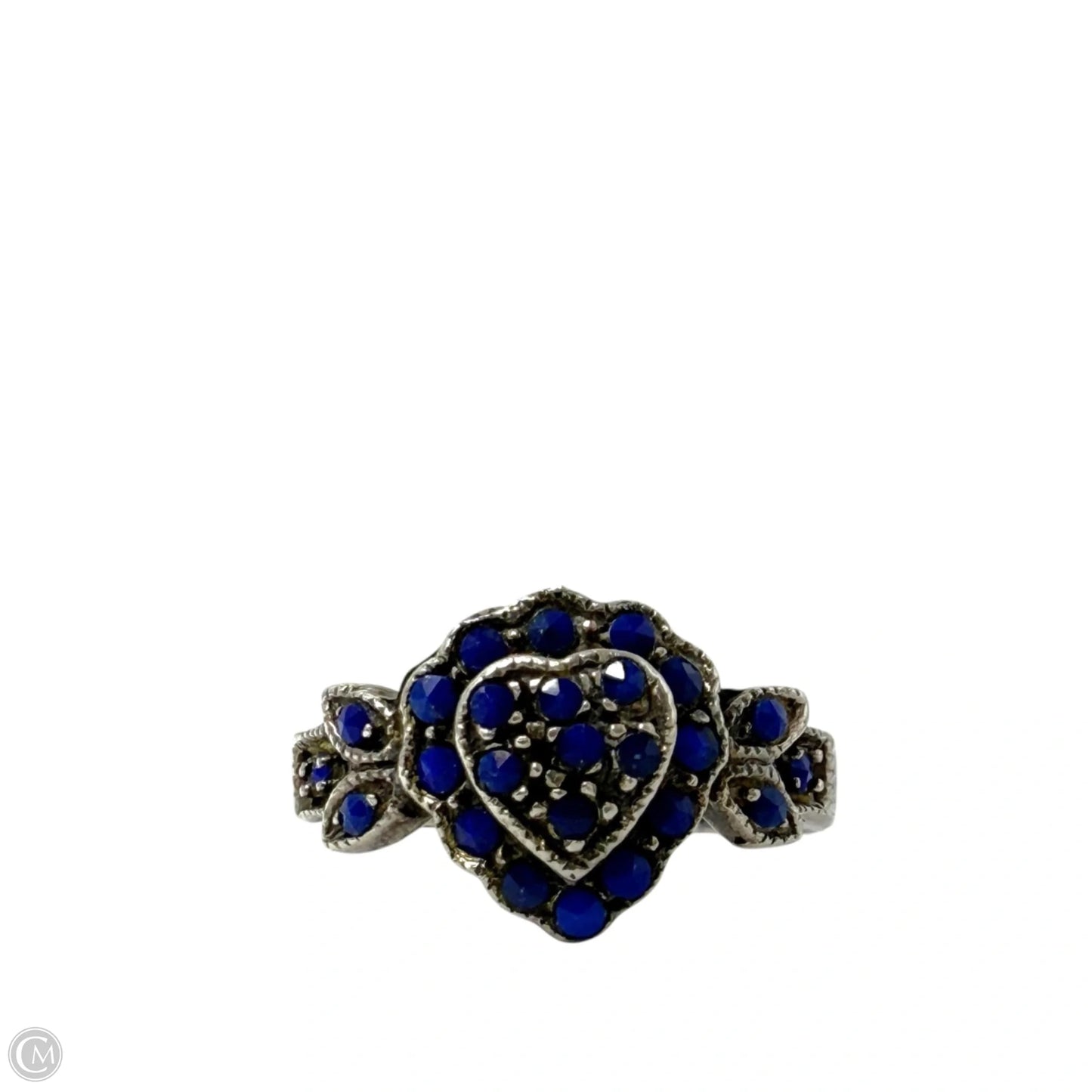 Sterling Silver & Blue Stone Heart Cluster Ring, Size: 7