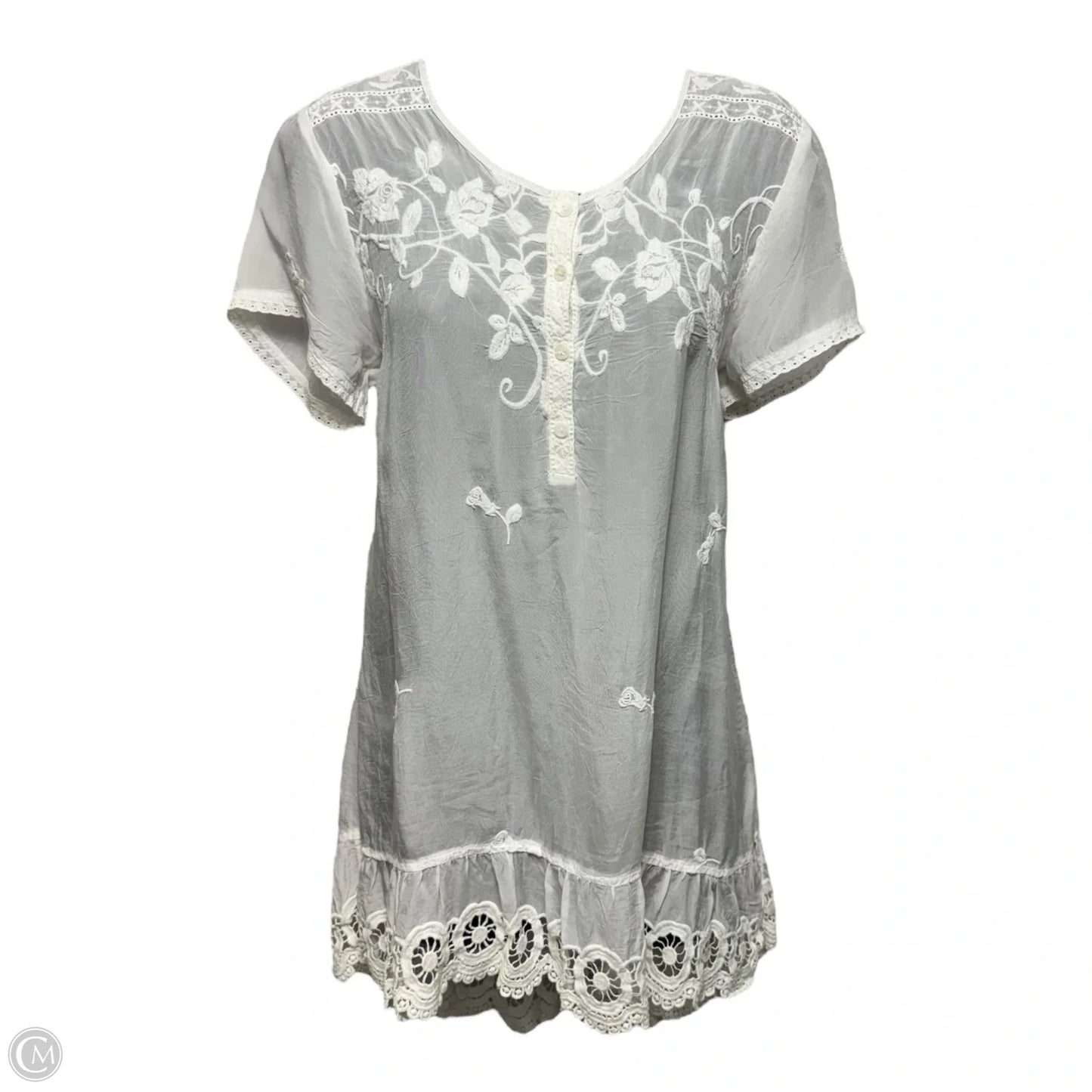 Rose Embroidered & Lace Ruffle Hem Tunic Top By Johnny Was In White, Size: S
