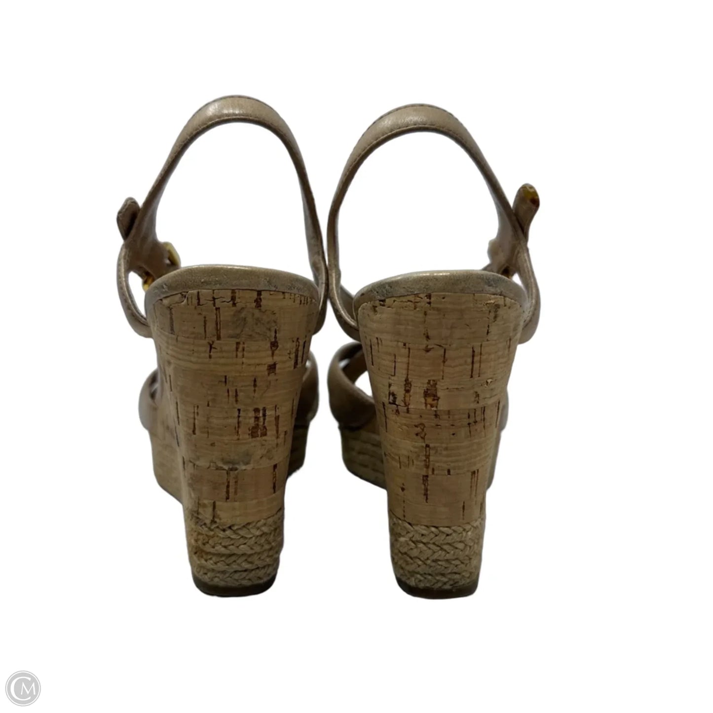 Leather and Cork Espadrille Wedge Sandals Luxury Designer By Prada In Tan, Size: 8