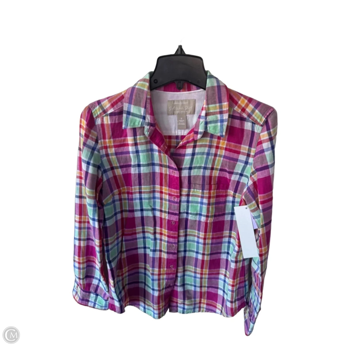 Blouse Long Sleeve By Banana Republic In Pink & White, Size: S