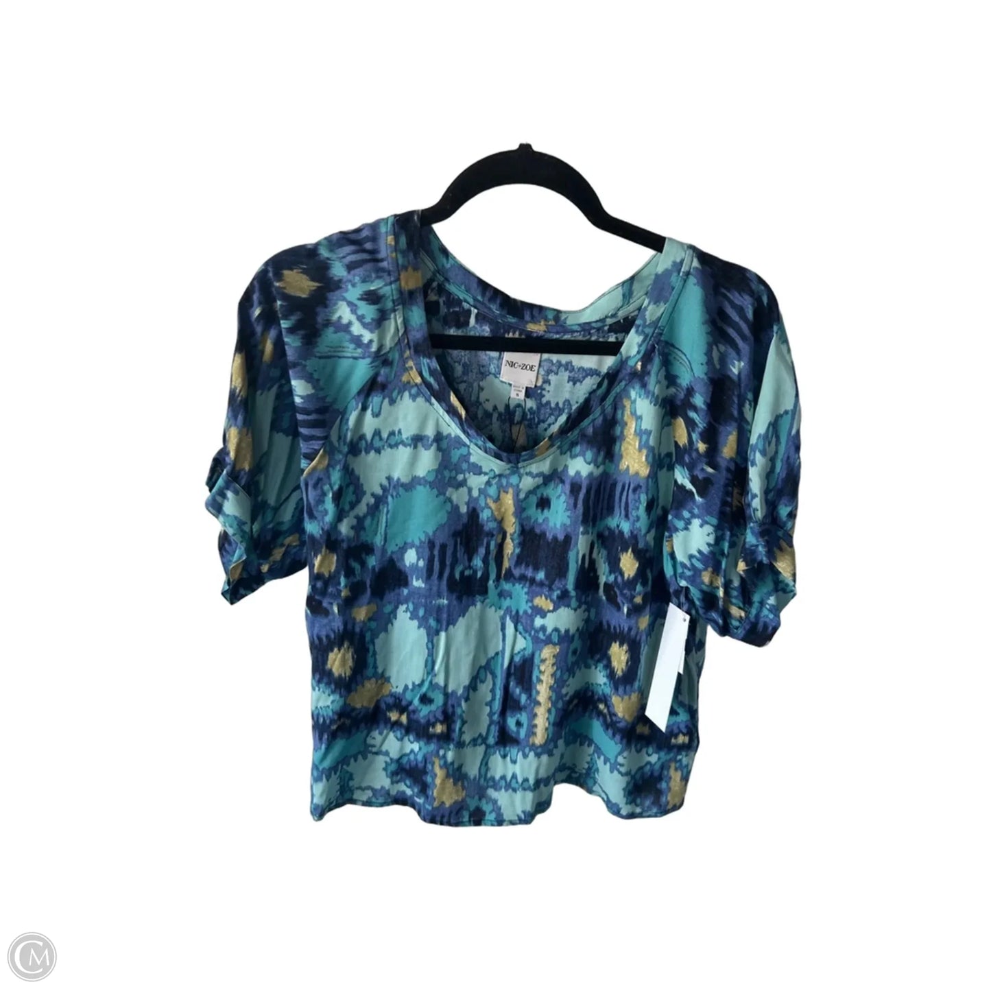 Blouse Short Sleeve By Nic + Zoe In Blue & Gold, Size: S