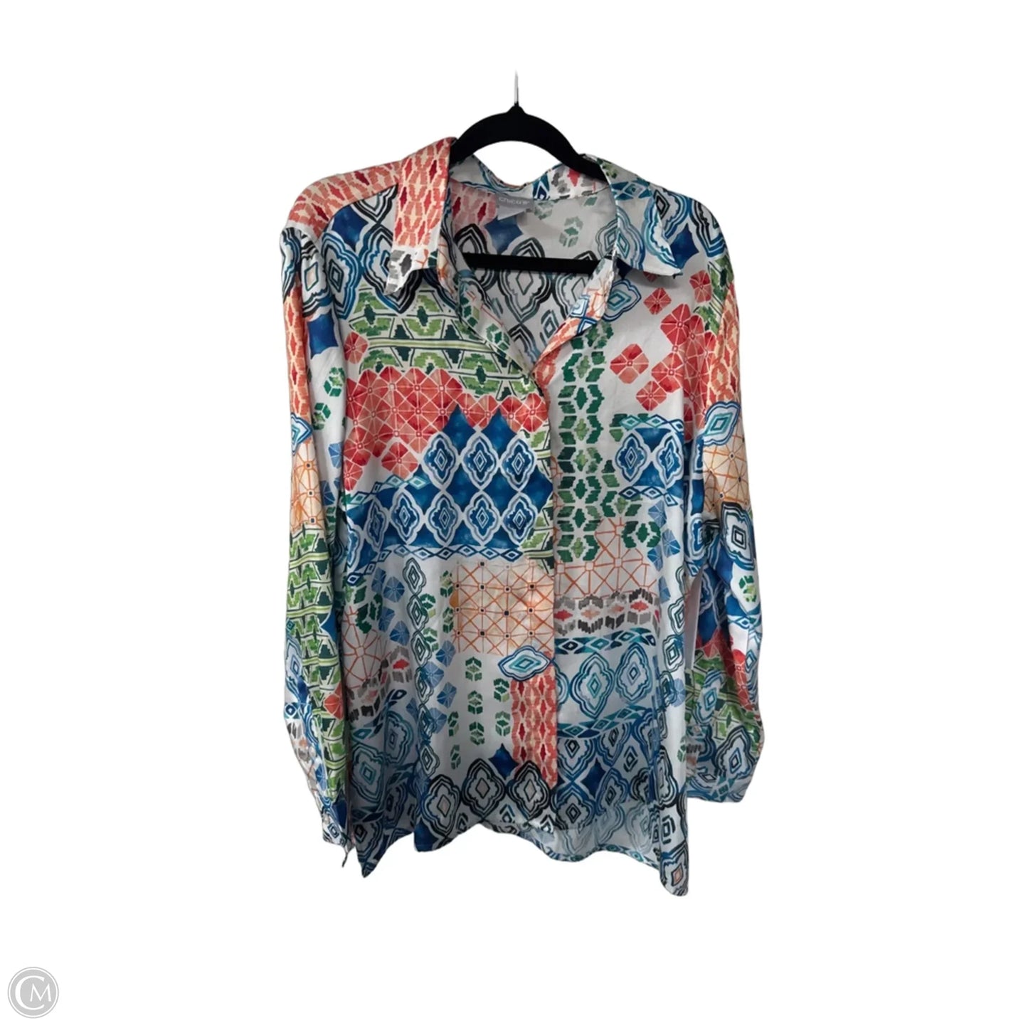 Blouse Long Sleeve By Chicos In Orange & White, Size: L