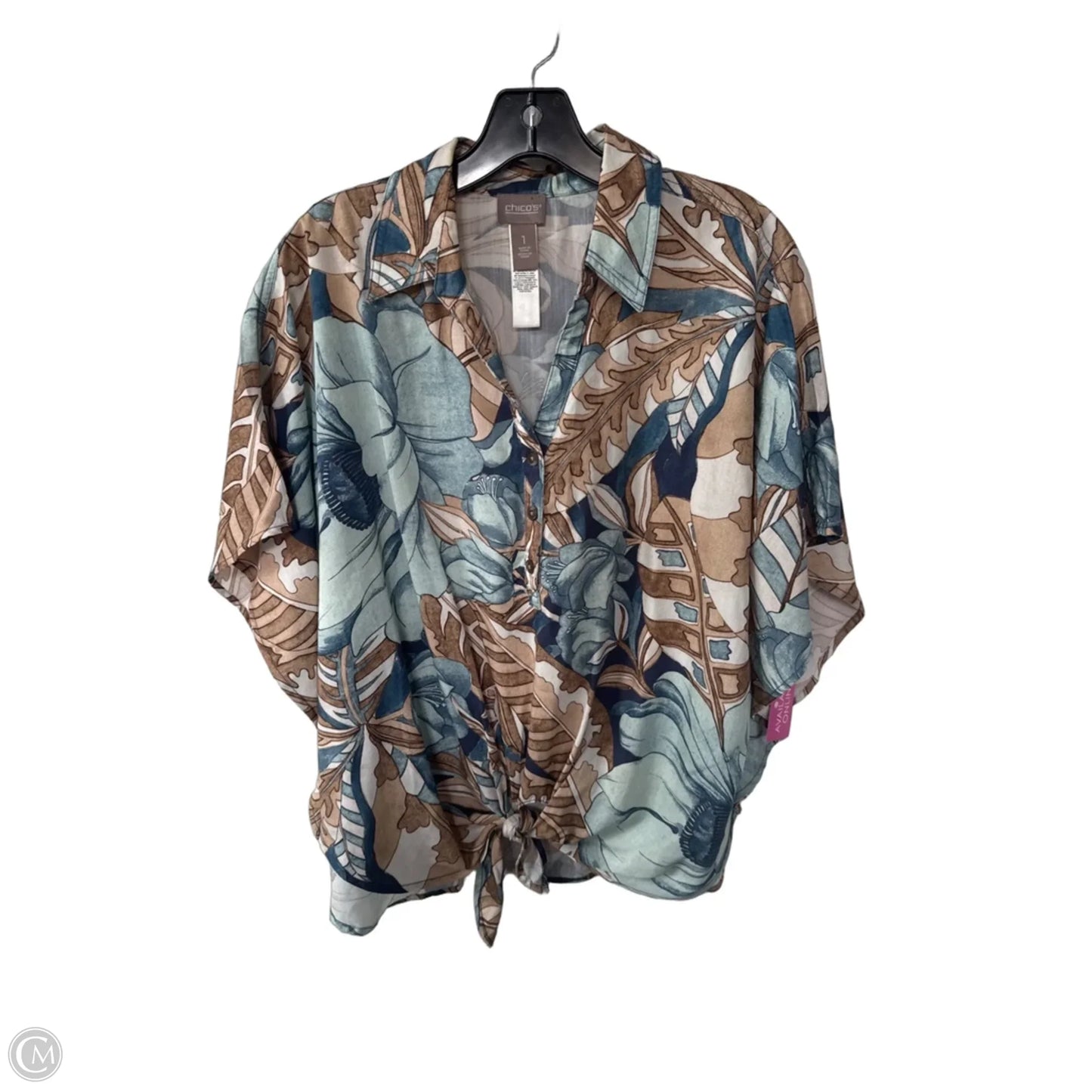 Blouse Short Sleeve By Chicos In Blue & Tan, Size: M