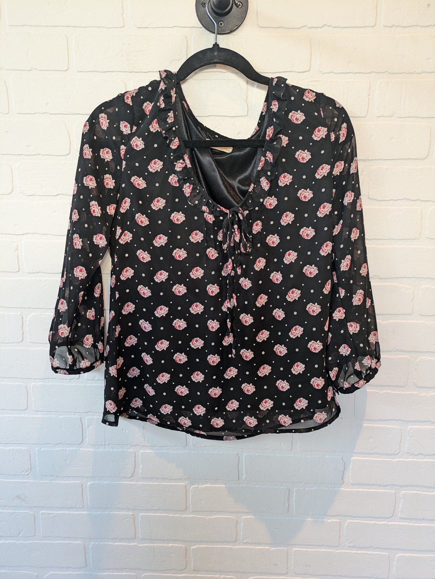 Black Floral Top Long Sleeve Tulle, Size L