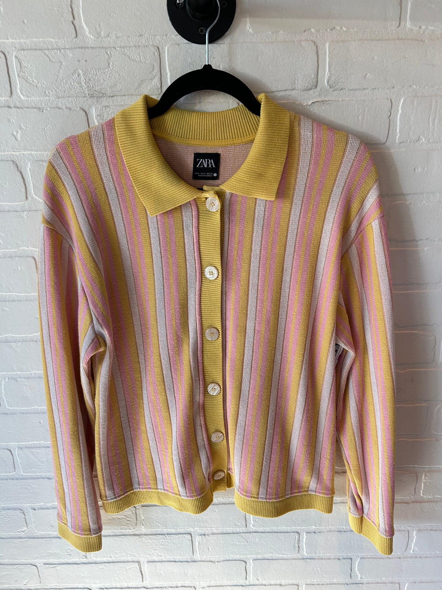 Sweater Cardigan By Zara In Pink & Yellow, Size: S