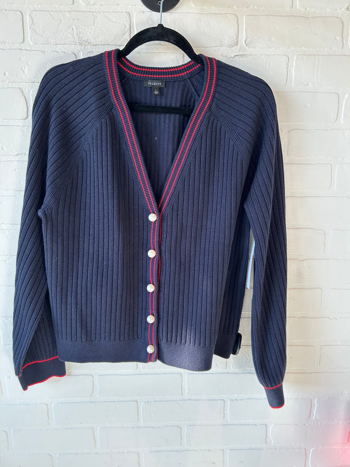 Sweater Cardigan By Talbots In Blue & Red, Size: L