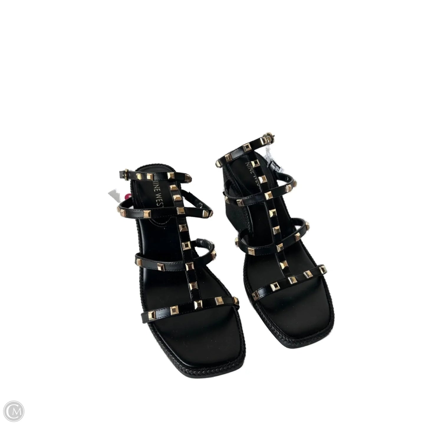 Sandals Heels Wedge By Nine West In Black & Gold, Size: 9.5