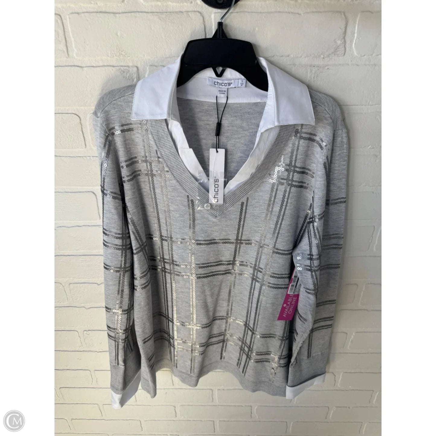 Sweater By Chicos In Grey & White, Size: M