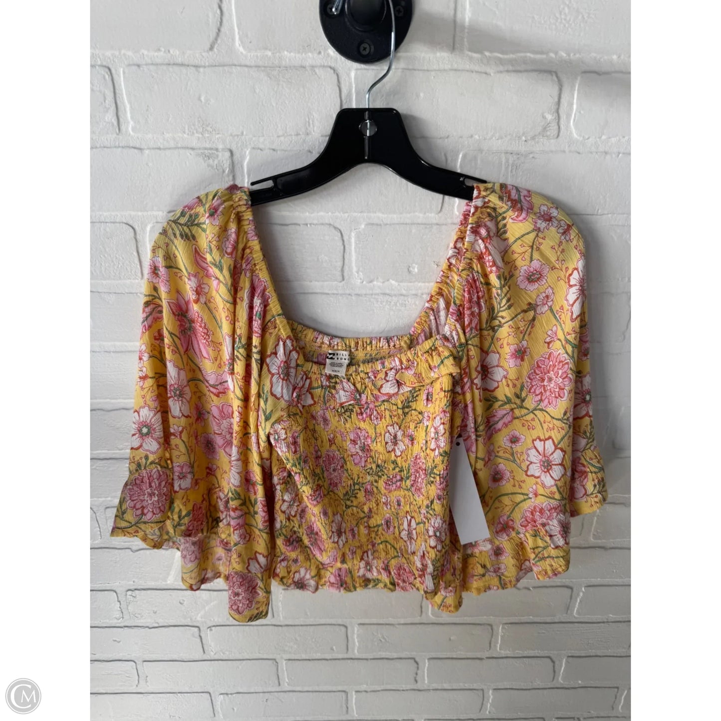 Top 3/4 Sleeve By Billabong In Pink & Yellow, Size: M