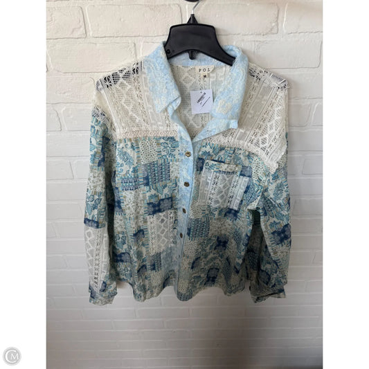 Top Long Sleeve By Pol In Blue & Cream, Size: M