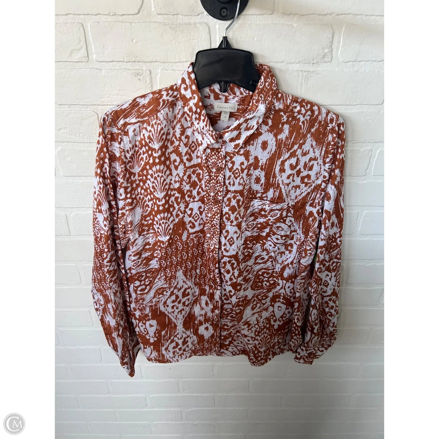 Top Long Sleeve By Garnet Hill In Orange & White, Size: M