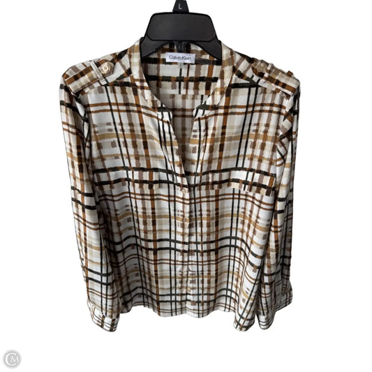 Top Long Sleeve By Calvin Klein In Brown & White, Size: L