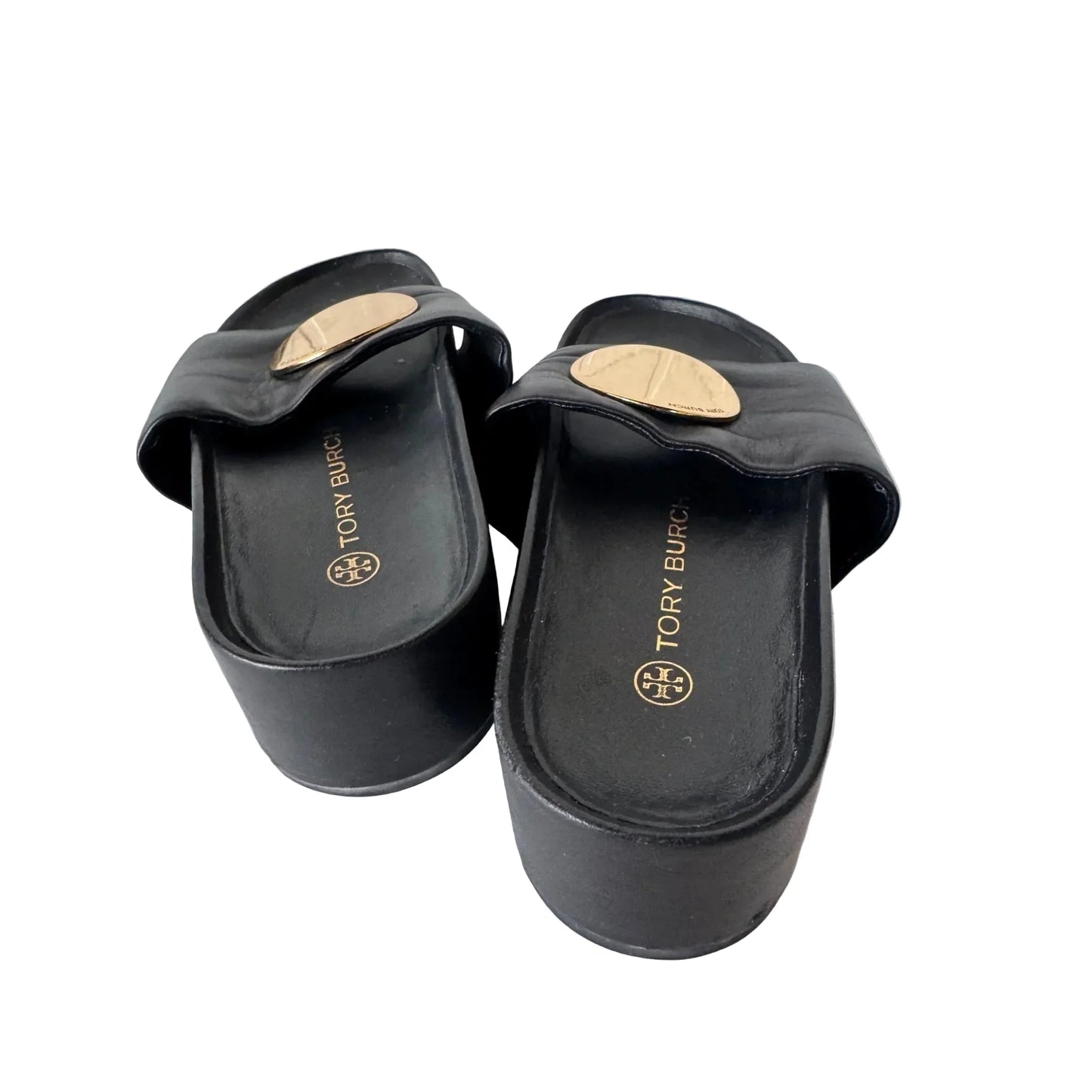 Sandals Designer By Tory Burch In Black & Gold, Size: 6.5