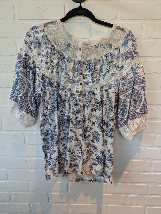 Blue & Cream Top 3/4 Sleeve Sundance, Size S