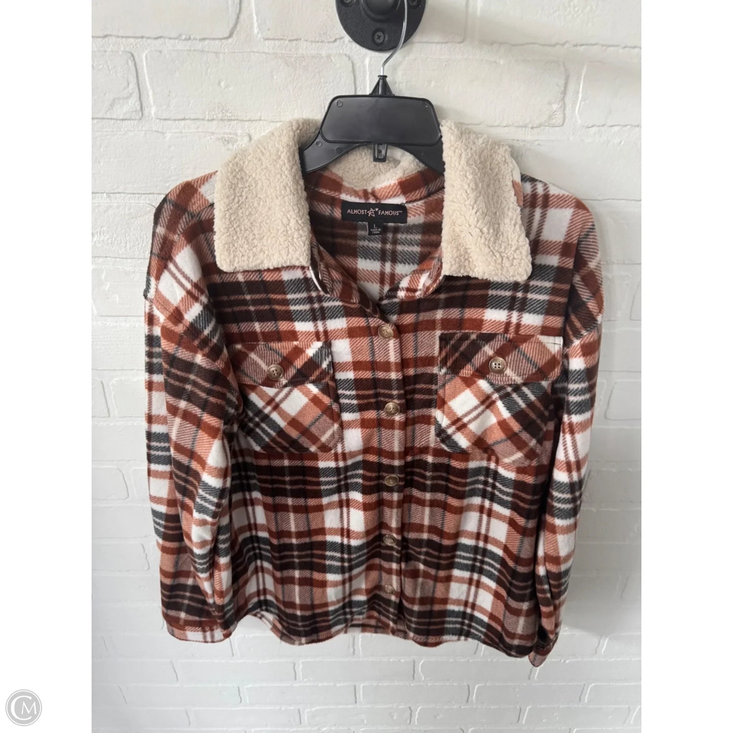 Jacket Shirt By Almost Famous In Brown & White, Size: L