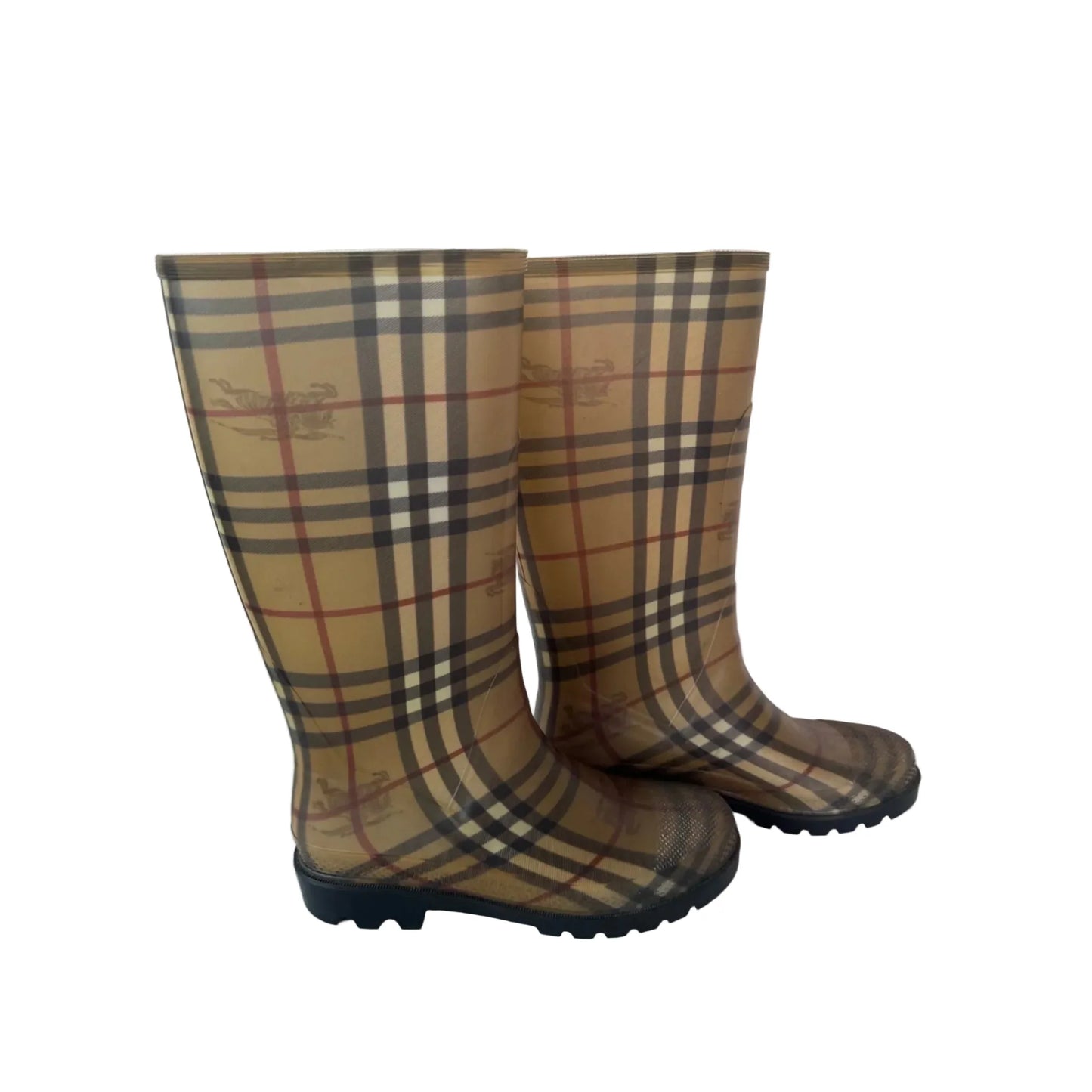 Boots Luxury Designer By Burberry In Black & Tan, Size: 7.5