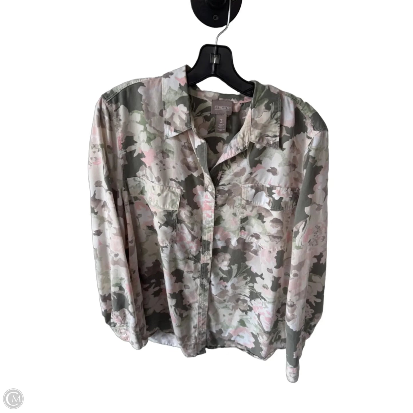 Top Long Sleeve By Chicos In Cream & Green, Size: Xl