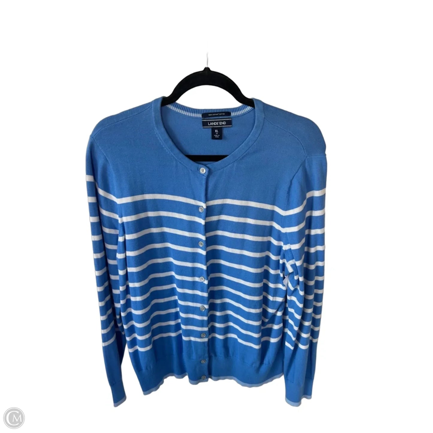 Sweater Cardigan By Lands End In Blue & White, Size: Xl