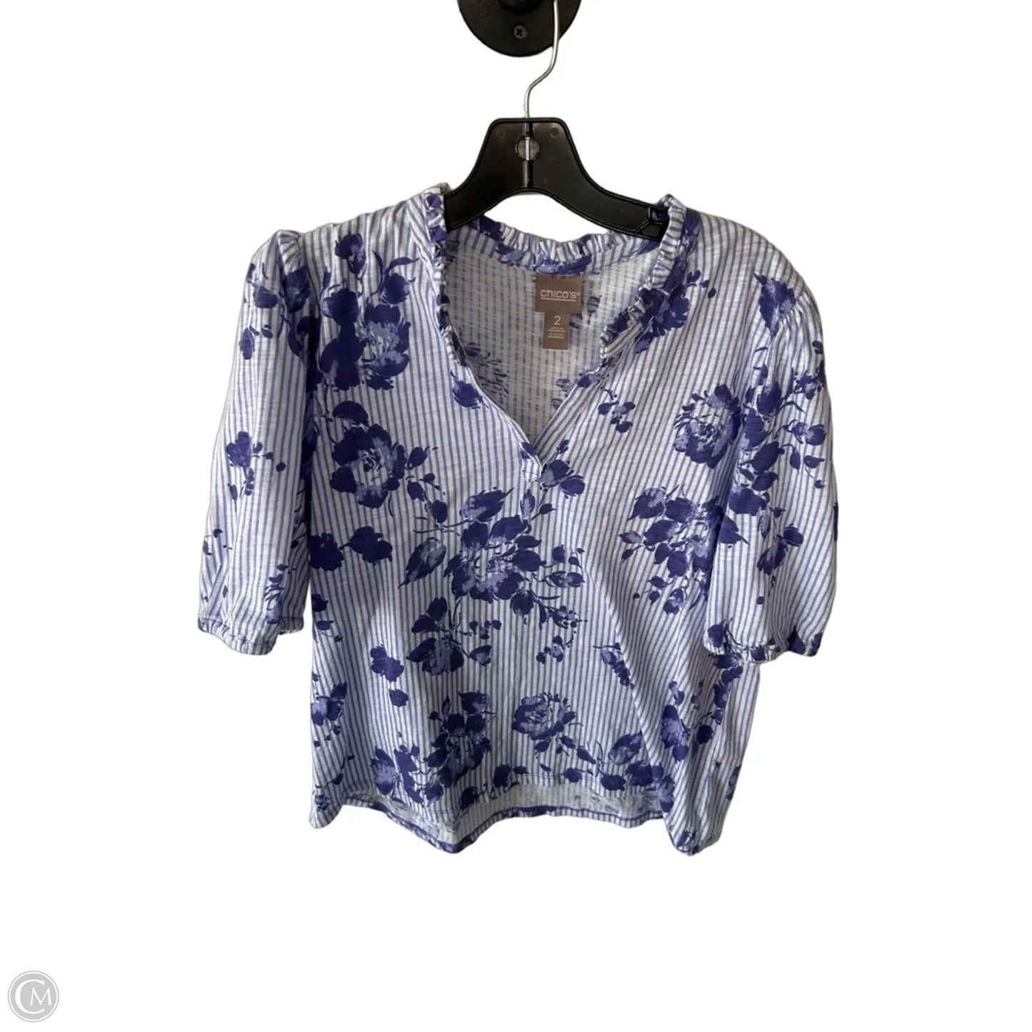 Top Short Sleeve By Chicos In Blue & White, Size: L