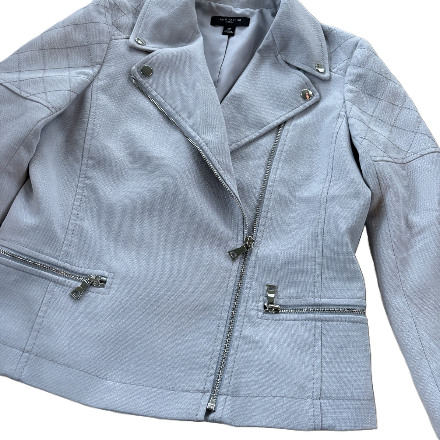 Jacket Moto By Ann Taylor In Grey, Size: Xsp