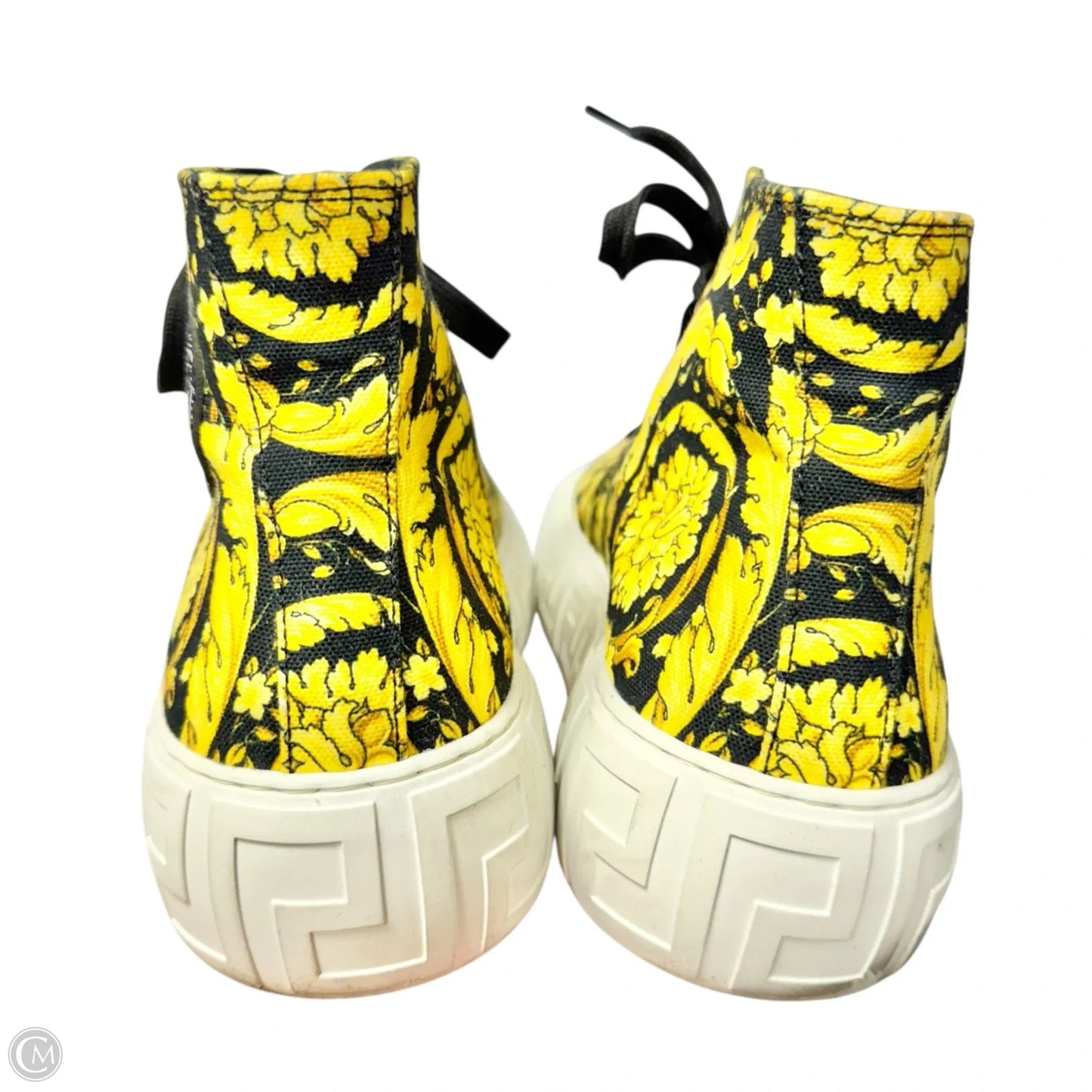Shoes Luxury Designer By Versace In Black & Yellow, Size: 11.5
